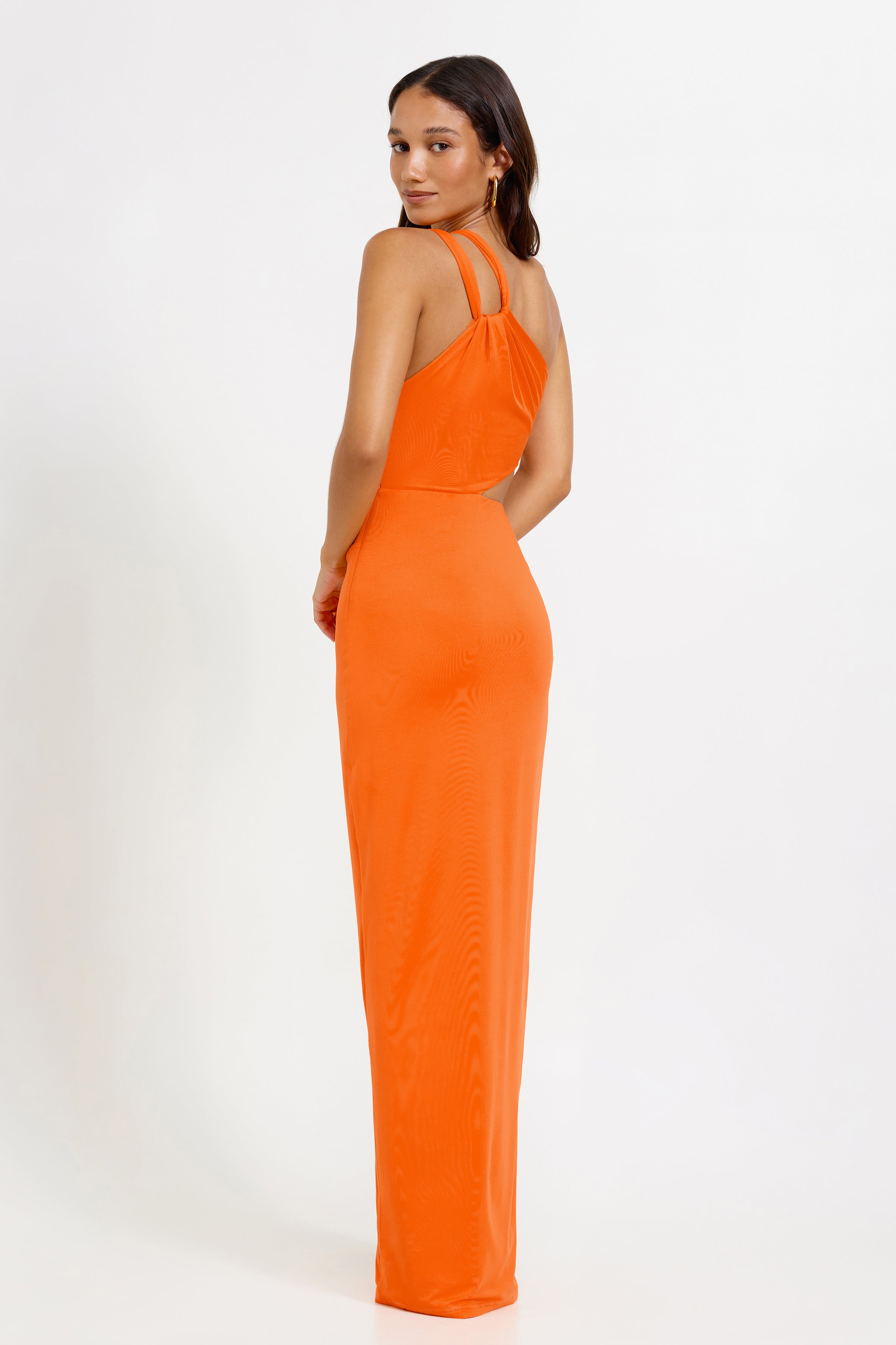 Sandro Dress featuring a sleek double-strap back design in vibrant tangerine for formal and cocktail occasions