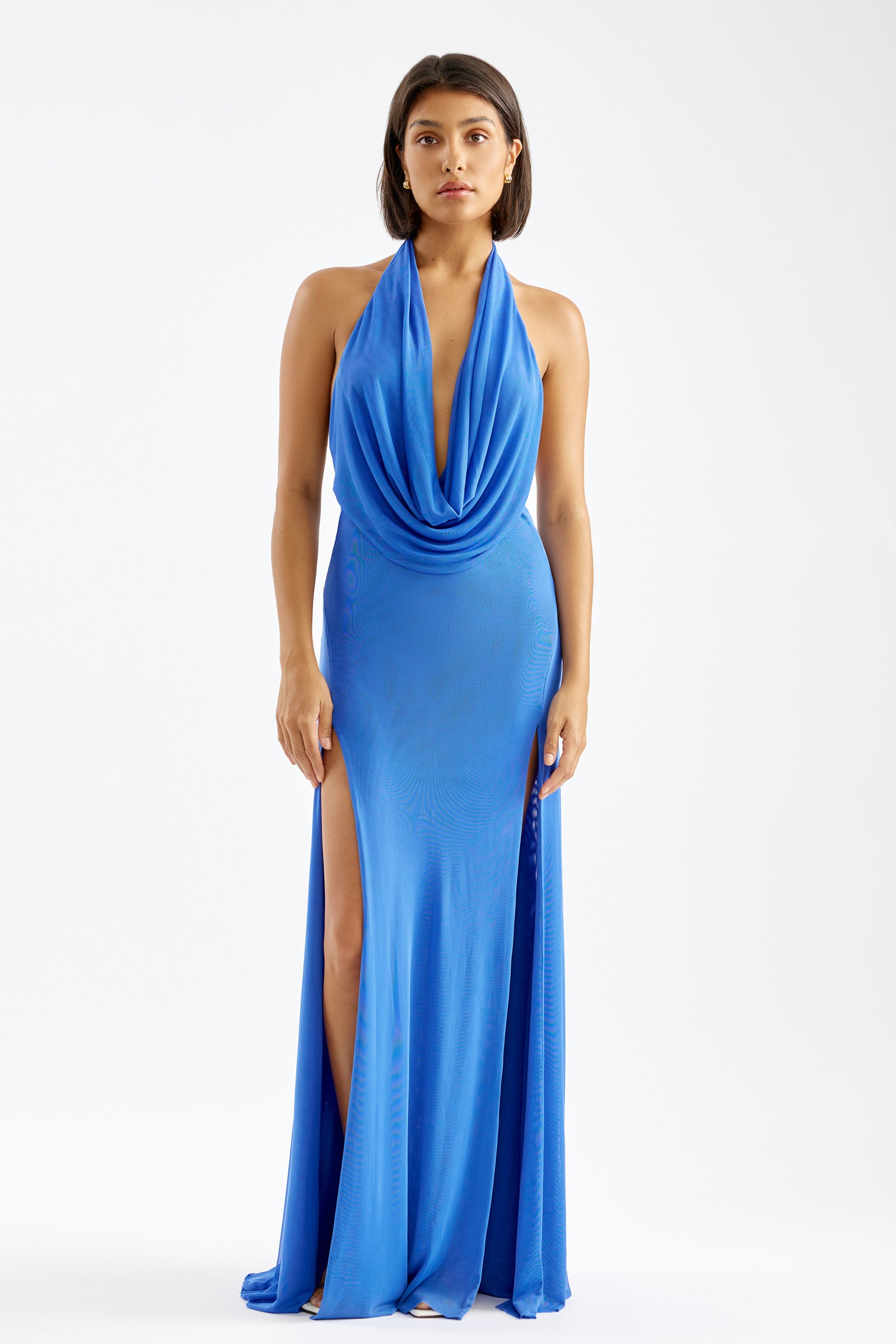 Savannah Dress halter neckline with draped front and thigh-high split in vibrant blue for formal and evening by Studio Lexi