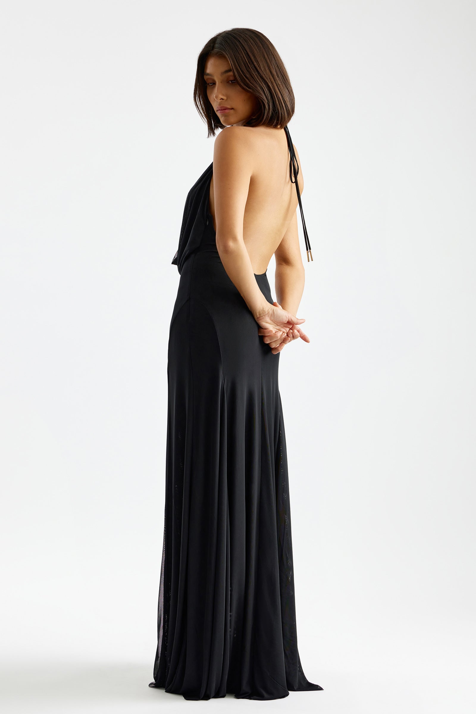 Savannah Dress black with open back and flowing skirt, designed for formal events and black tie by Studio Lexi