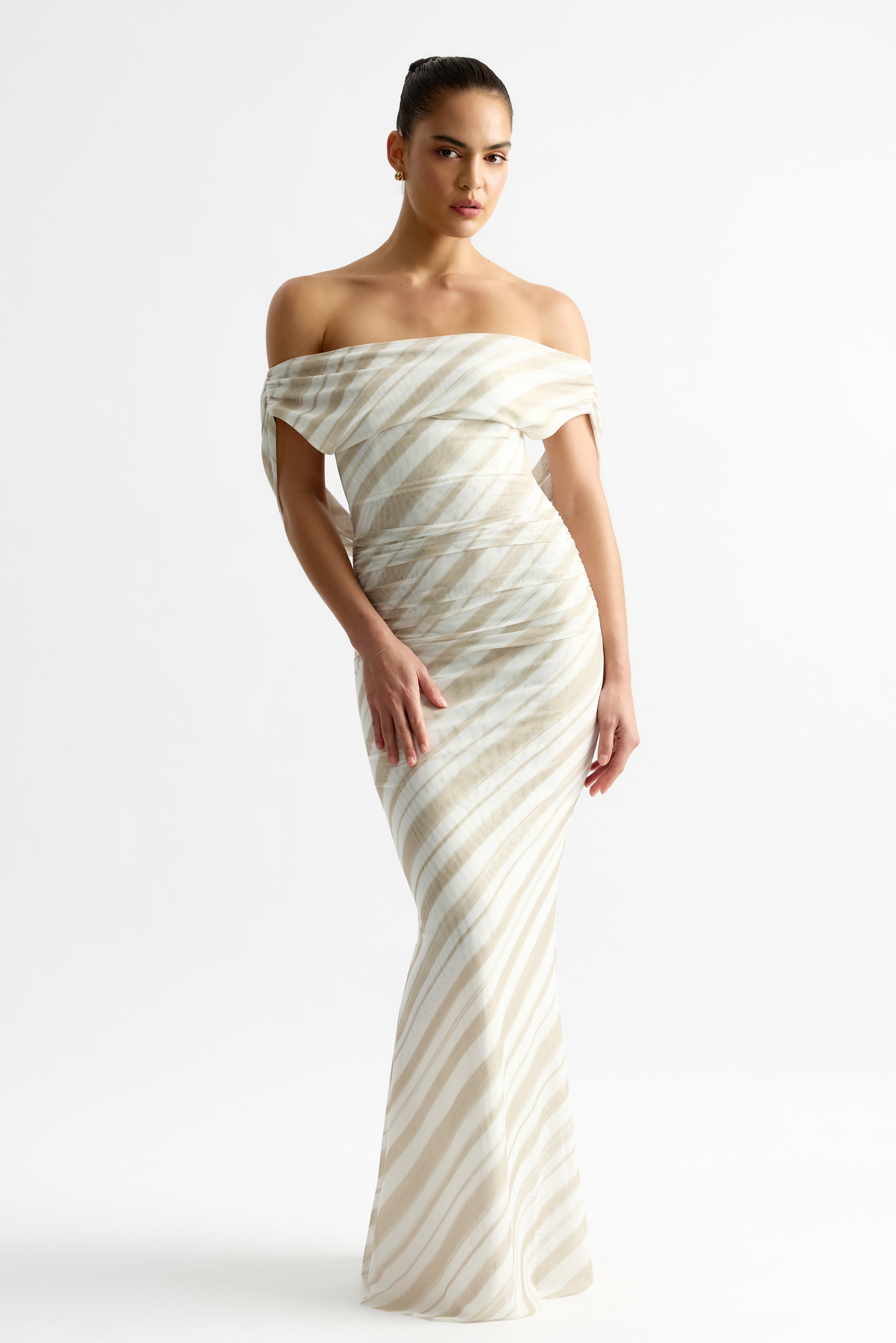 Sebastian Dress featuring a fitted off-shoulder silhouette with beige stripe pattern for elegant formal wear by Studio Lexi