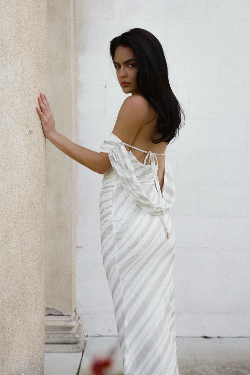 Sebastian Dress featuring a backless draped design with stripe print in white for elegant formal wear by Studio Lexi