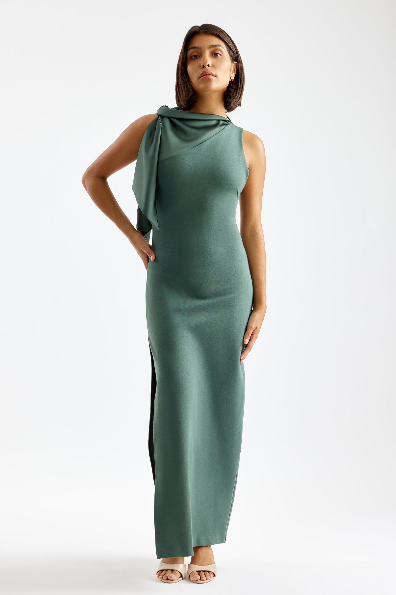 Shilo Dress sleeveless fitted design with sculpted neckline and side split in army green for formal and wedding occasions by Studio Lexi