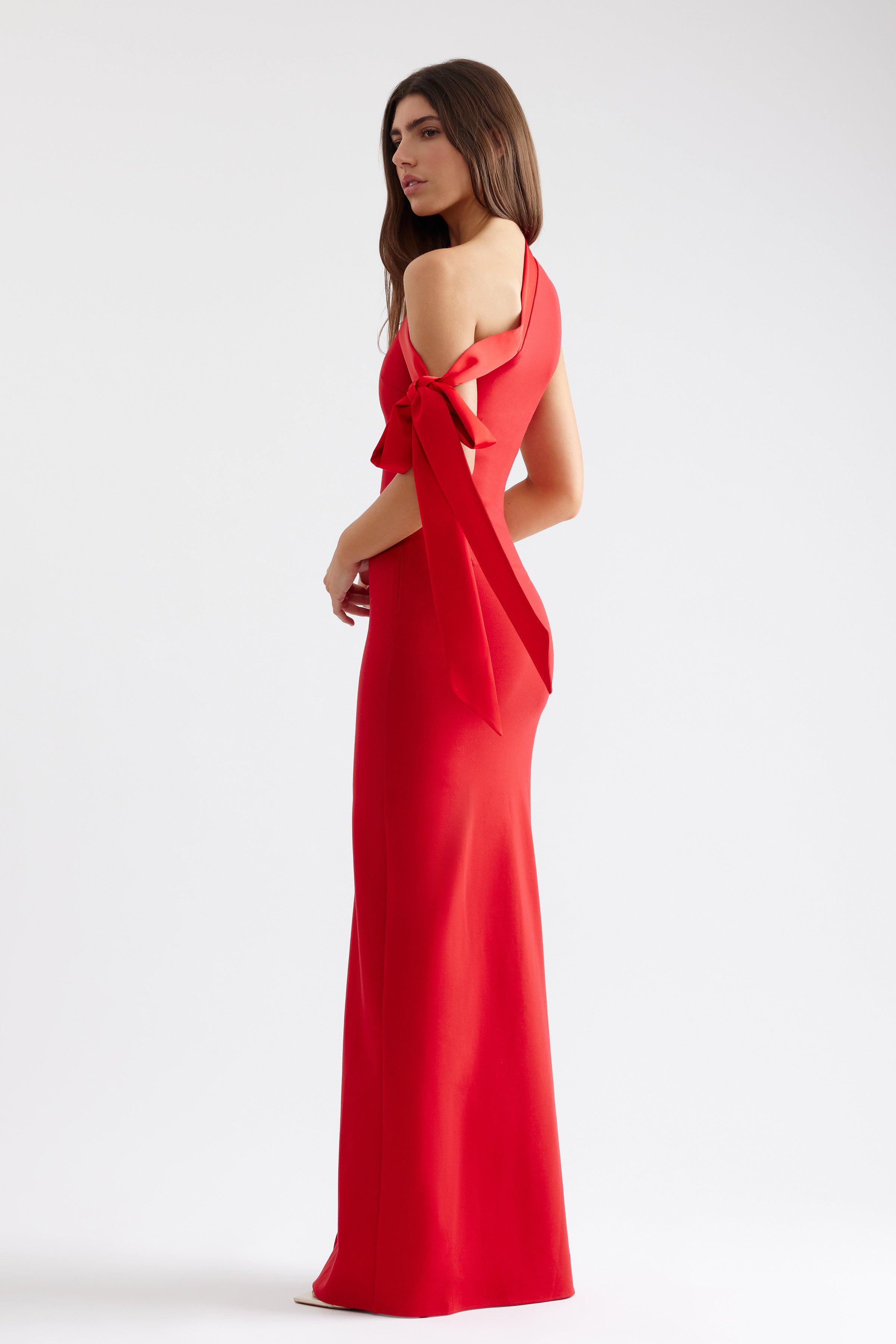 Sidney Dress elegant one-shoulder gown with long bow detail in vibrant red for formal and black tie occasions