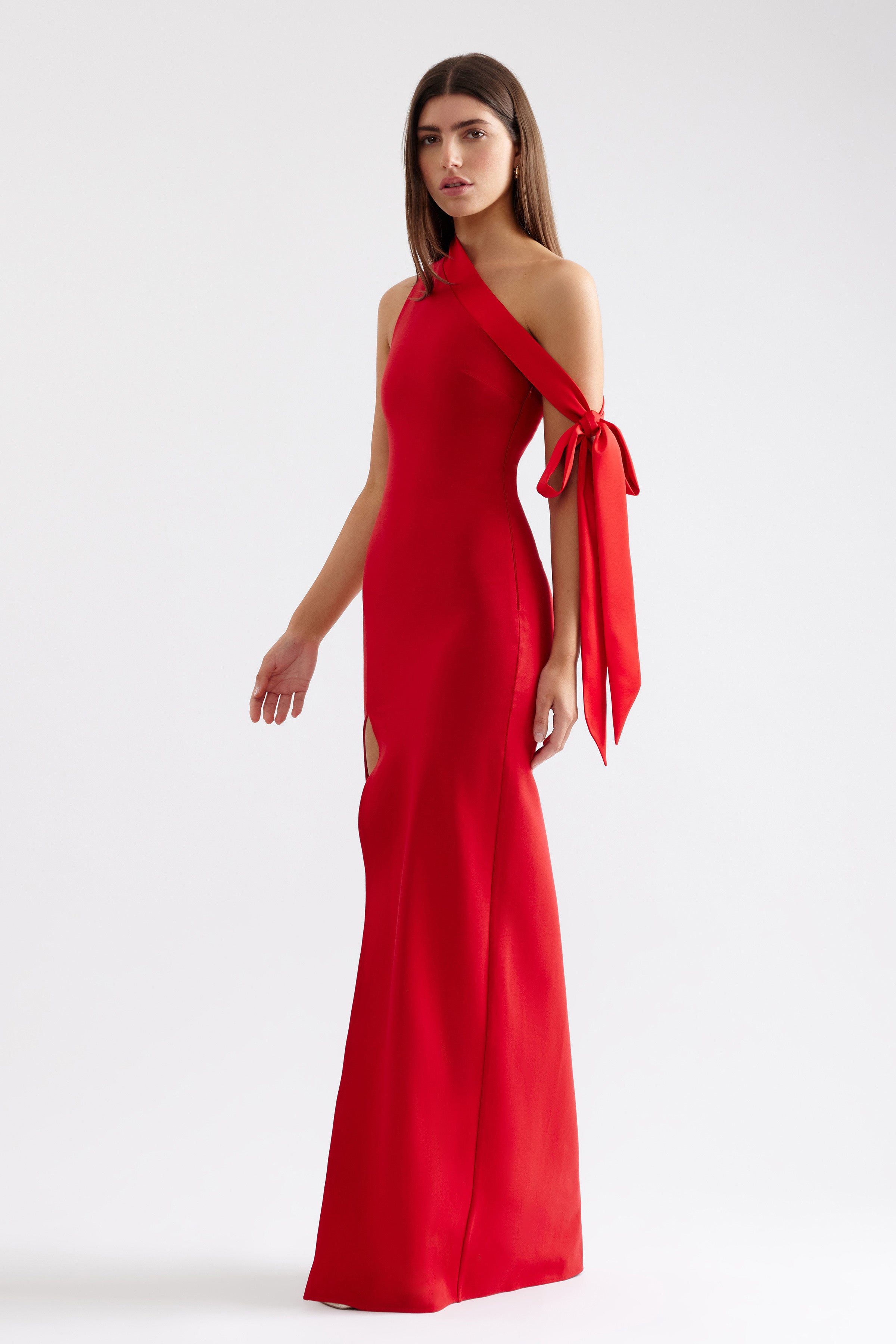 Sidney Dress elegant one-shoulder gown with side split and bow detail in deep red for formal and black tie events