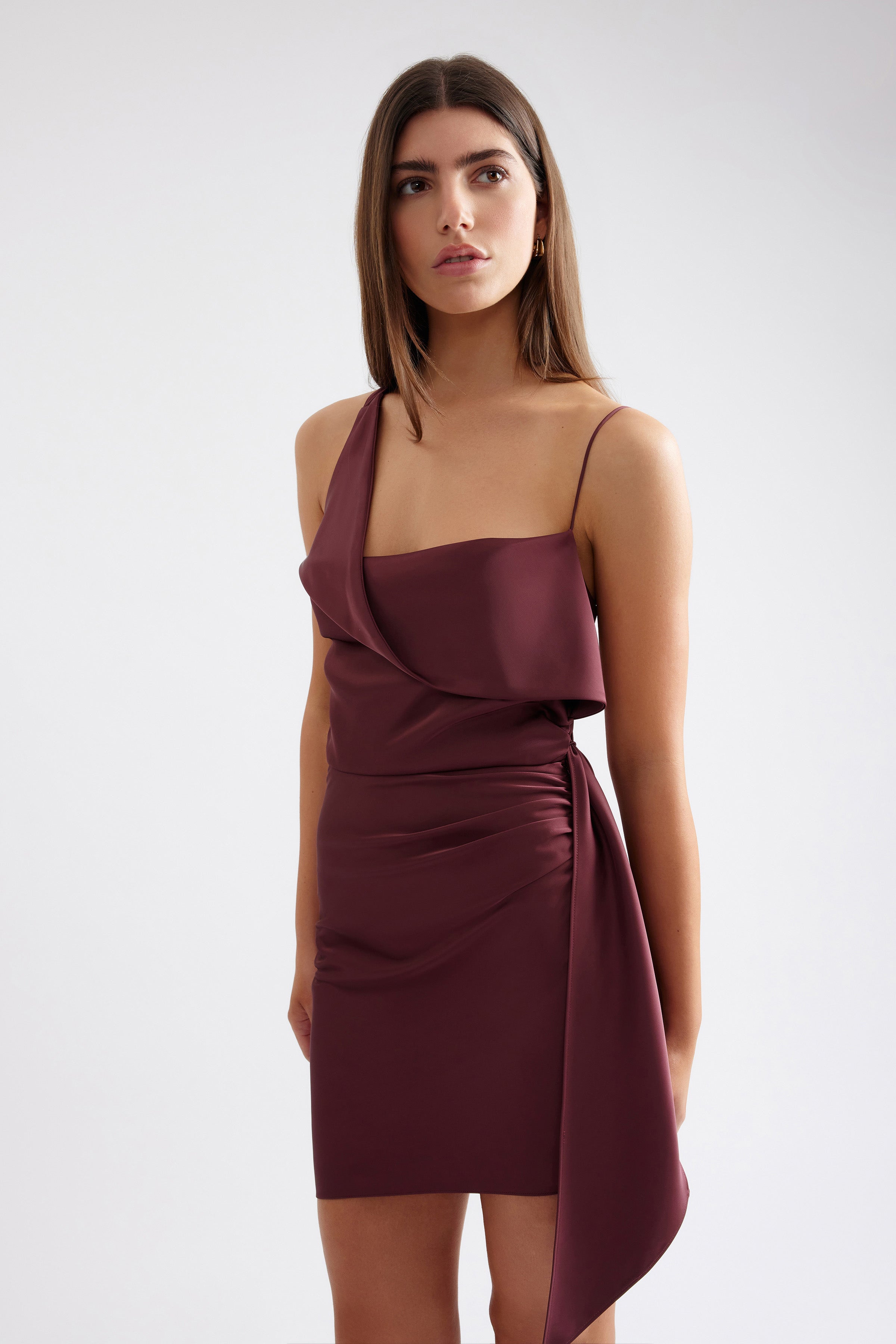 Sophie Dress fitted design with asymmetric neckline, slim straps, and side drape detail in rich plum by Studio Lexi