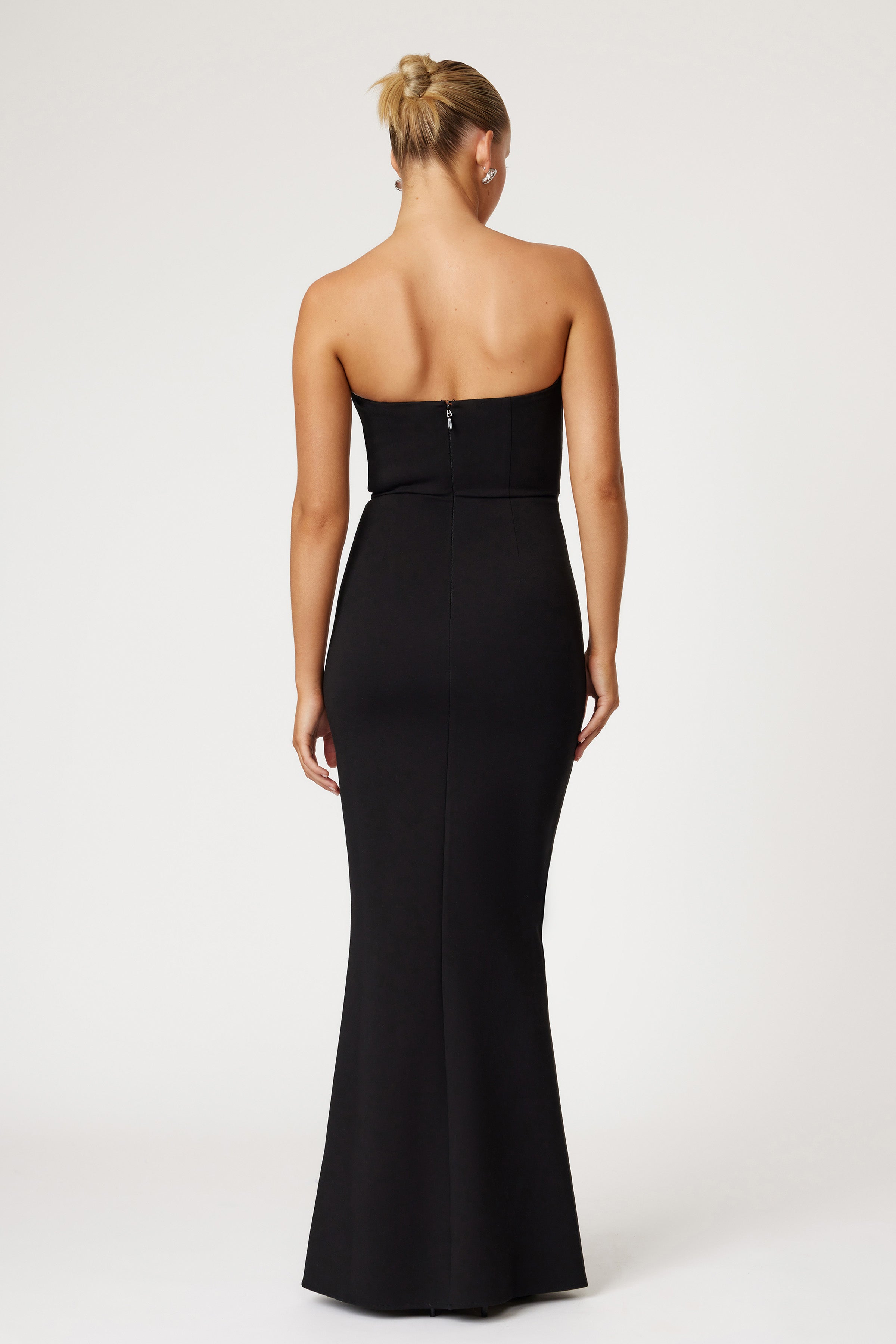 Tajo Dress elegant strapless silhouette with fitted waist and long sleek skirt in black for formal and black tie occasions by Studio Lexi