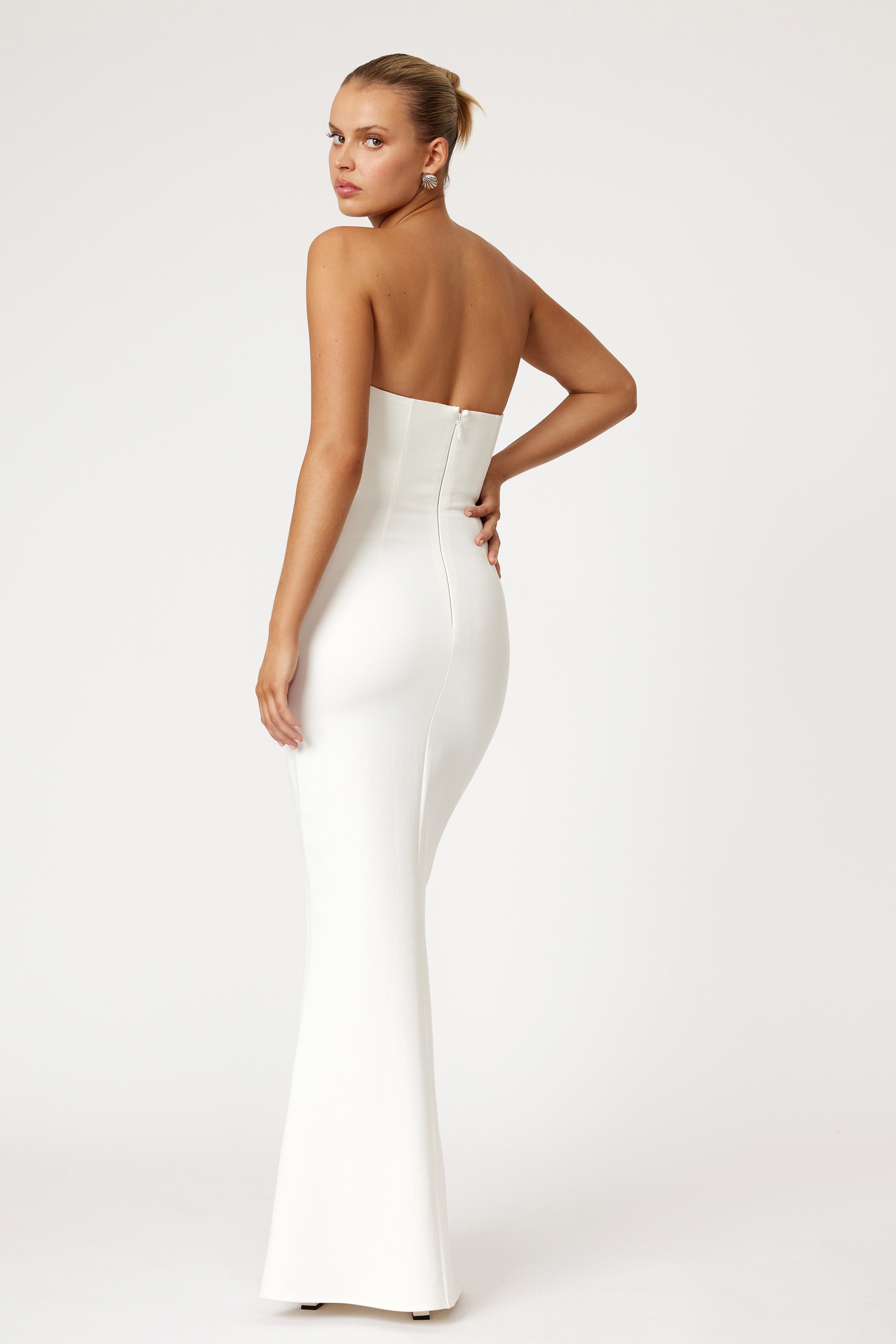 Tajo Dress strapless backless silhouette with fitted waist in elegant white, ideal for formal black tie occasions by Studio Lexi