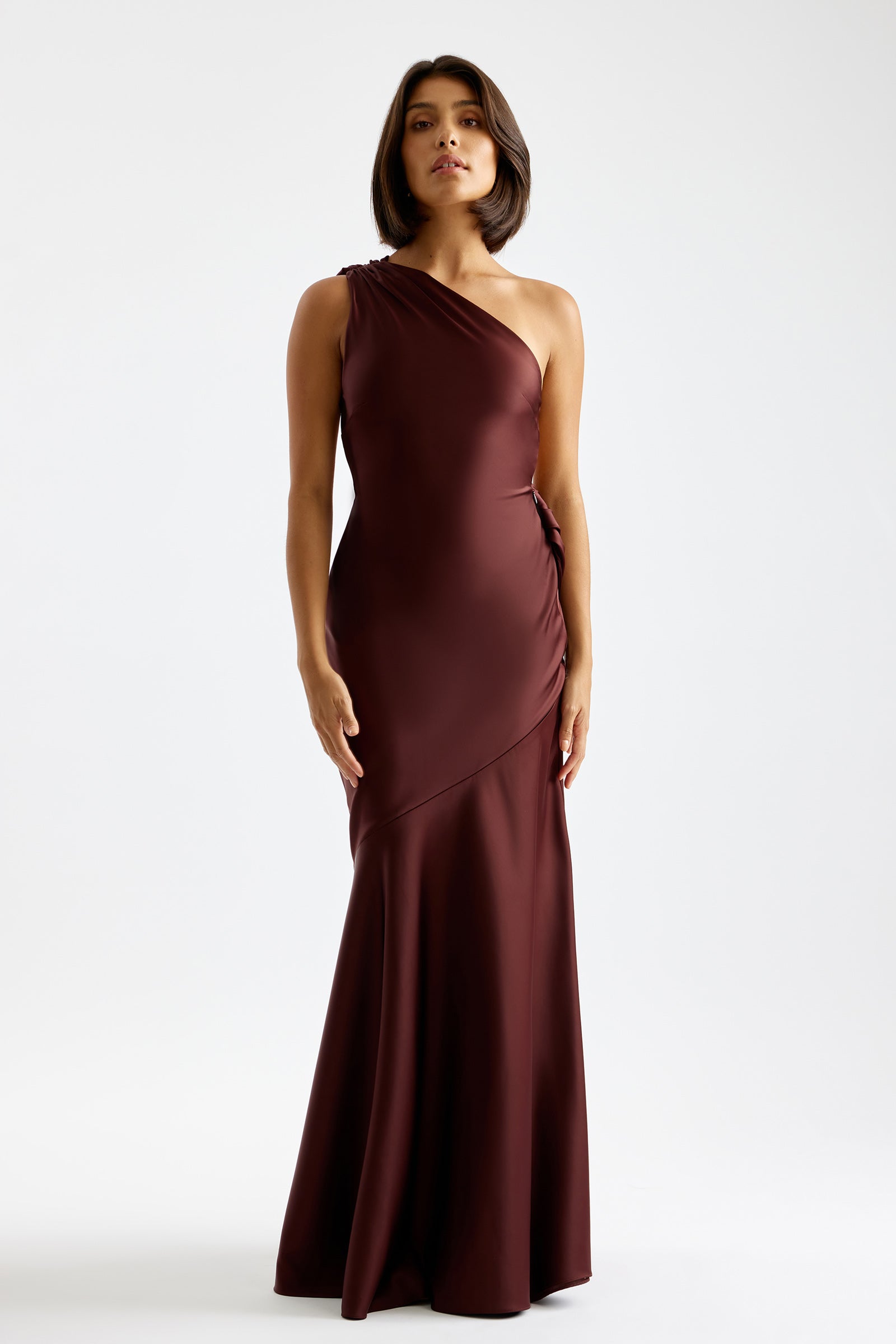 Tala Dress featuring an elegant one-shoulder design in deep plum satin for formal and black tie occasions by Studio Lexi