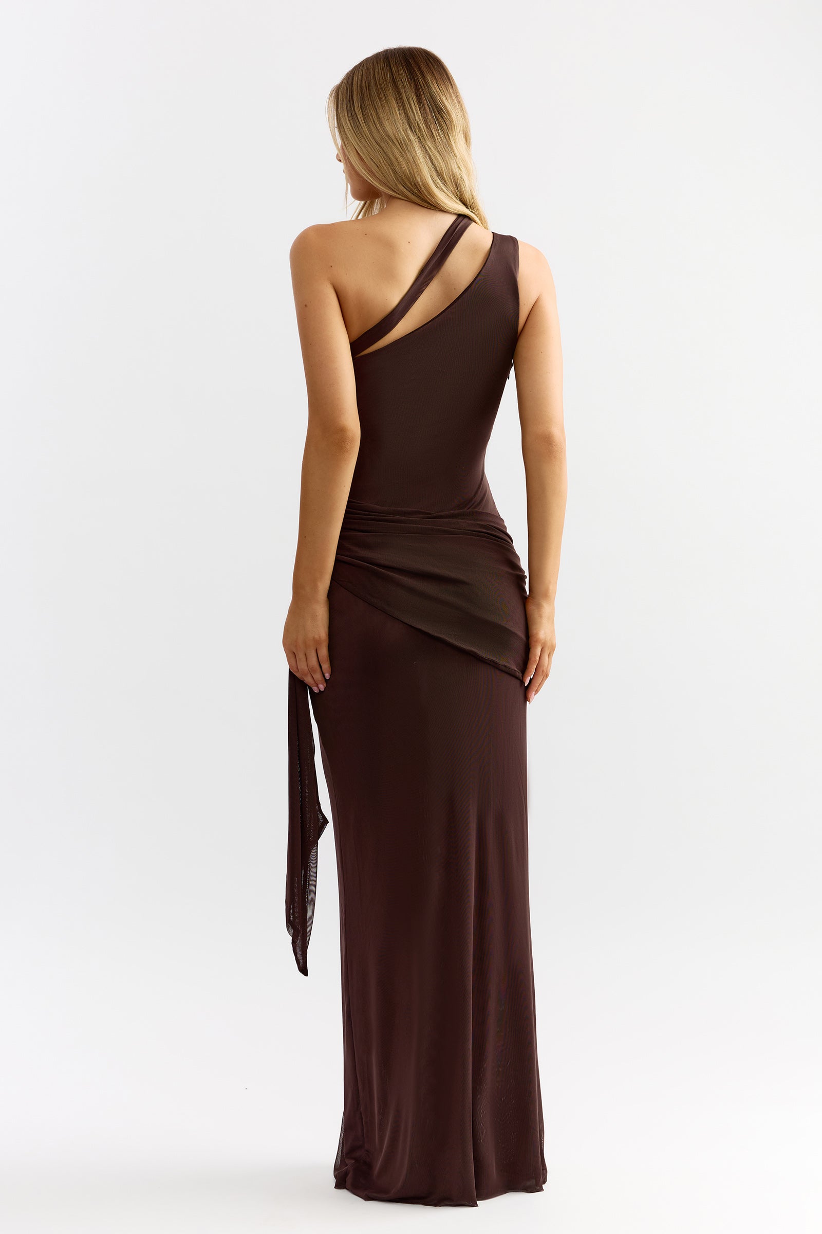 Talisa Dress featuring one-shoulder design and ruched wrap detail in chocolate for elegant cocktail and formal occasions by Studio Lexi