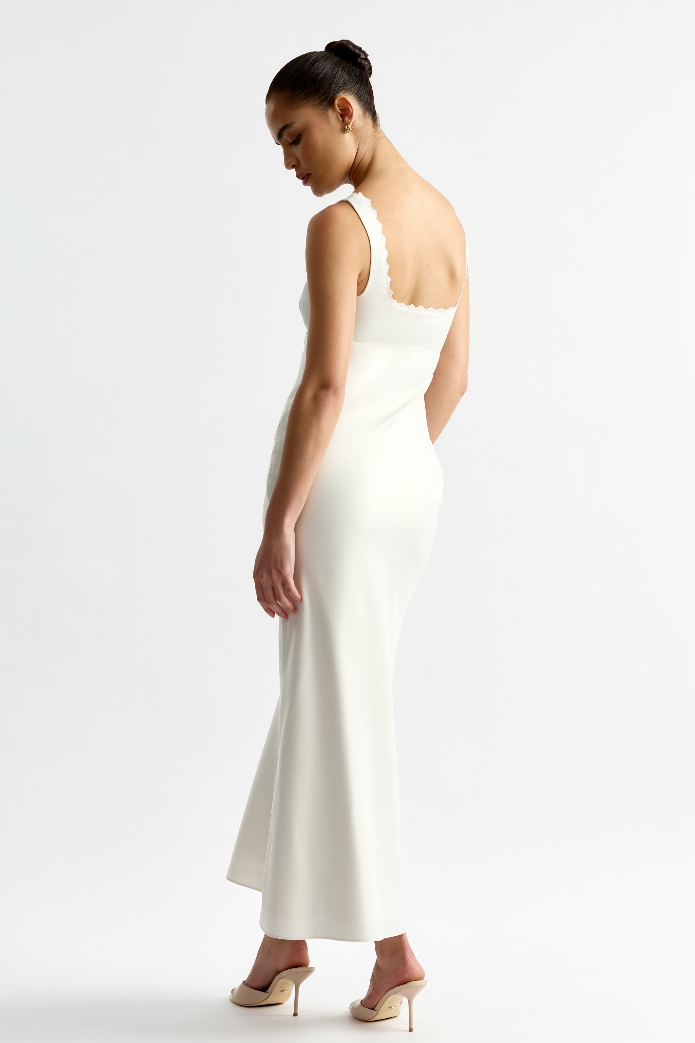 Valentine Dress featuring a fitted silhouette with scalloped straps in elegant oyster by Studio Lexi