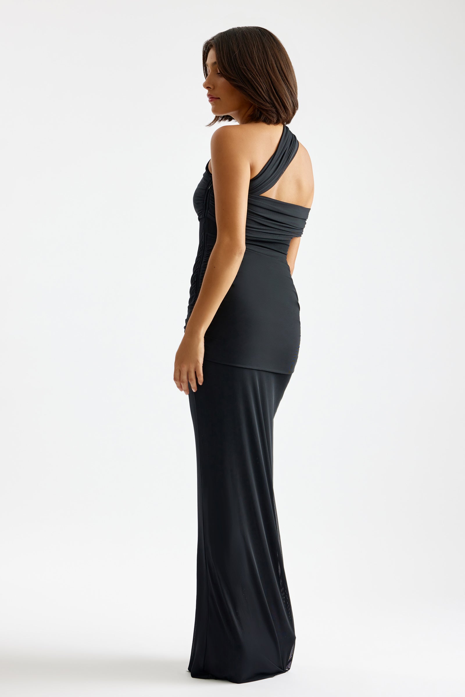 Veda Dress one-shoulder design with back cutout and fitted silhouette in black for formal and black tie occasions by Studio Lexi