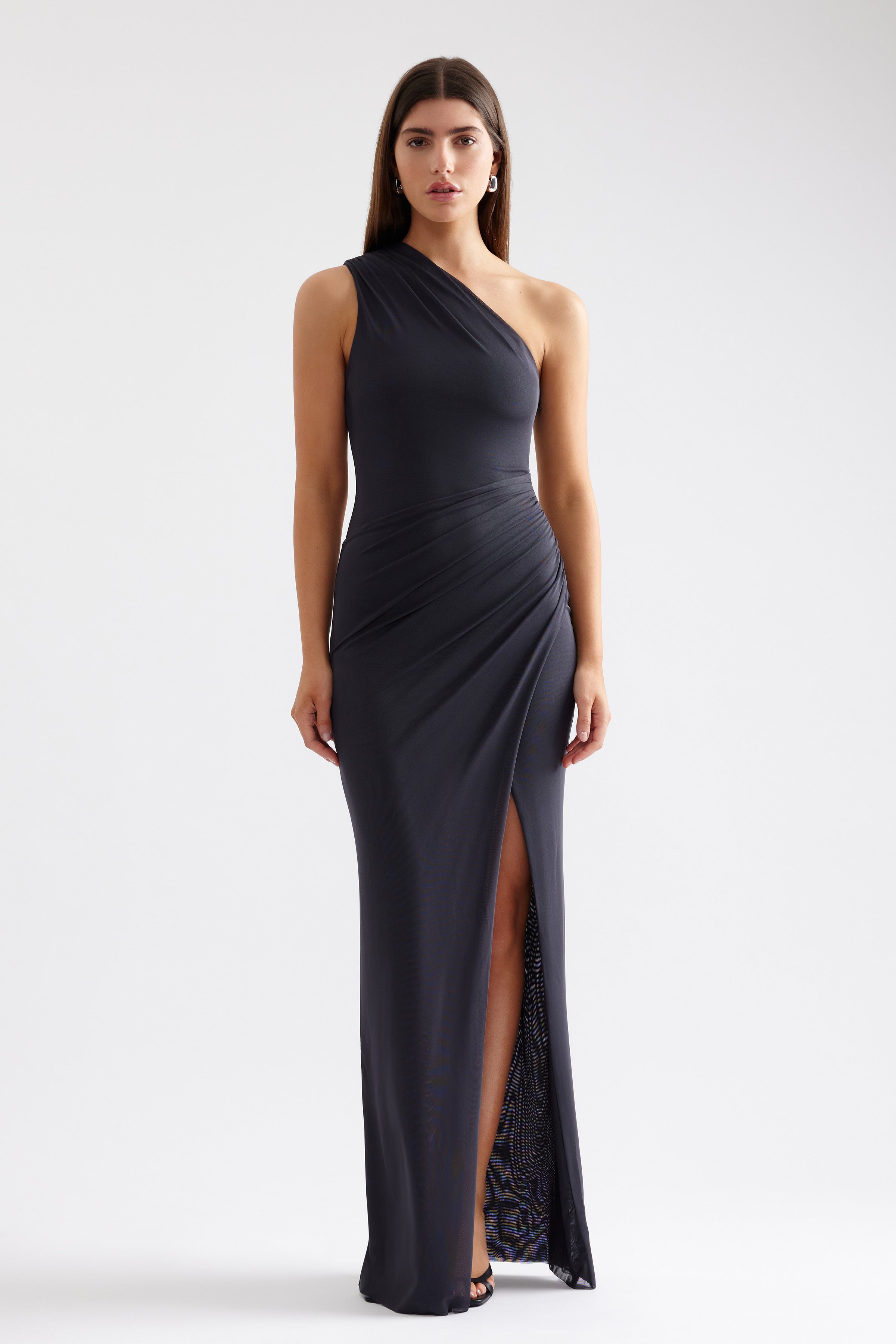 Viola Dress sleek one-shoulder gown with side draping and high slit in charcoal for black tie and formal occasions