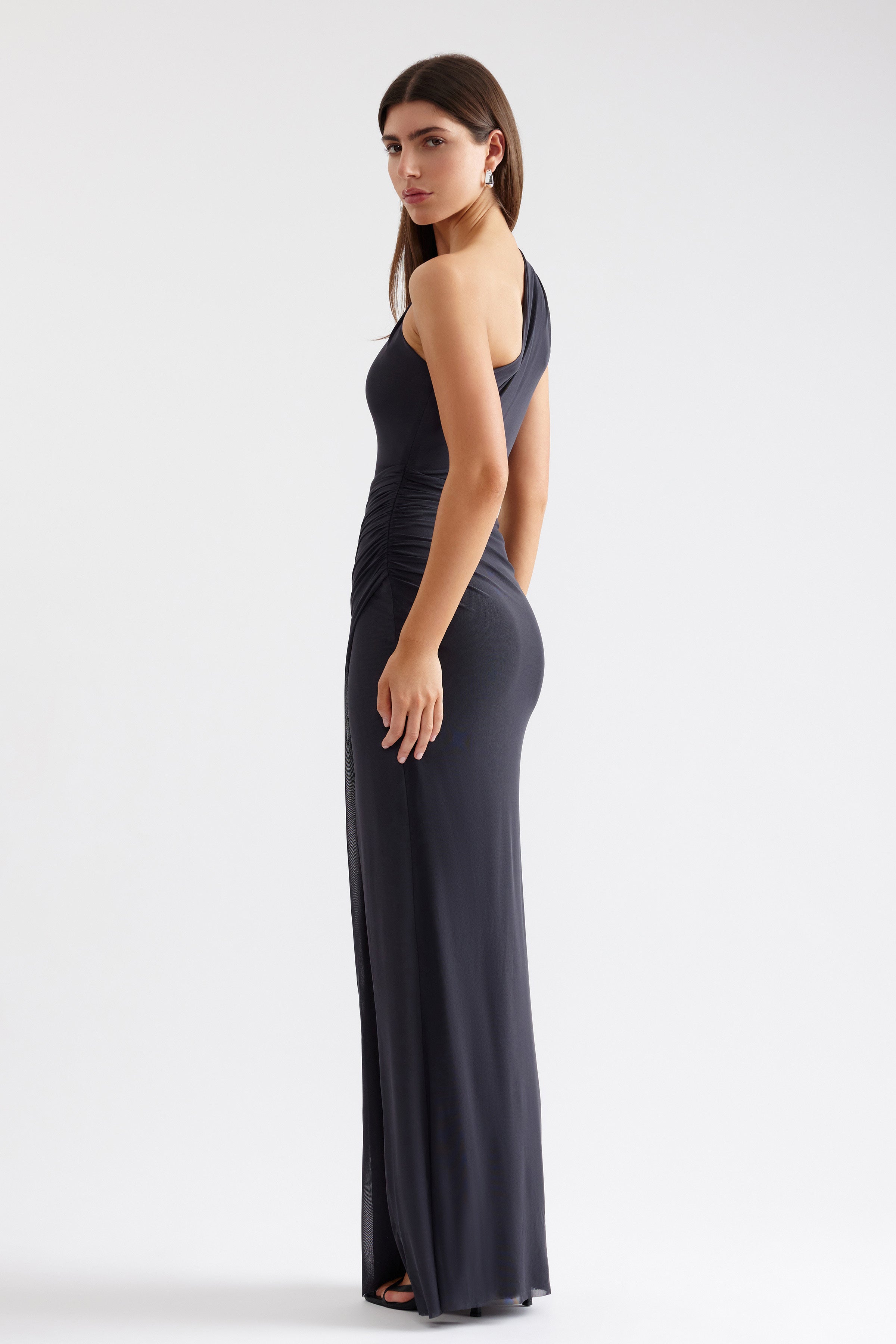 Viola Dress sleek one-shoulder gown in charcoal with side ruching and split for formal black tie and party occasions by Studio Lexi