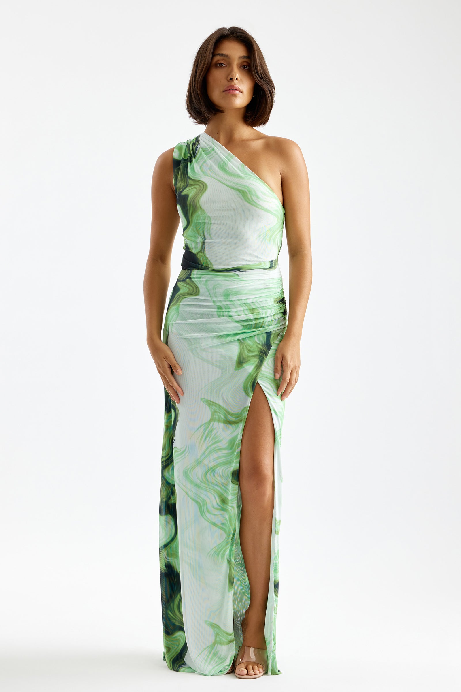 Viola Dress one-shoulder silhouette with side leg split and green swirl print for cocktail and formal occasions by Studio Lexi