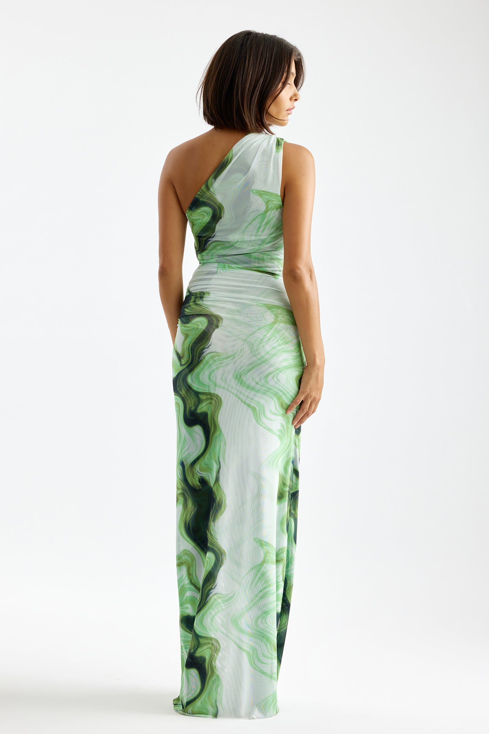 matcha green dress Viola Dress Matcha Swirl One Shoulder Print Gown