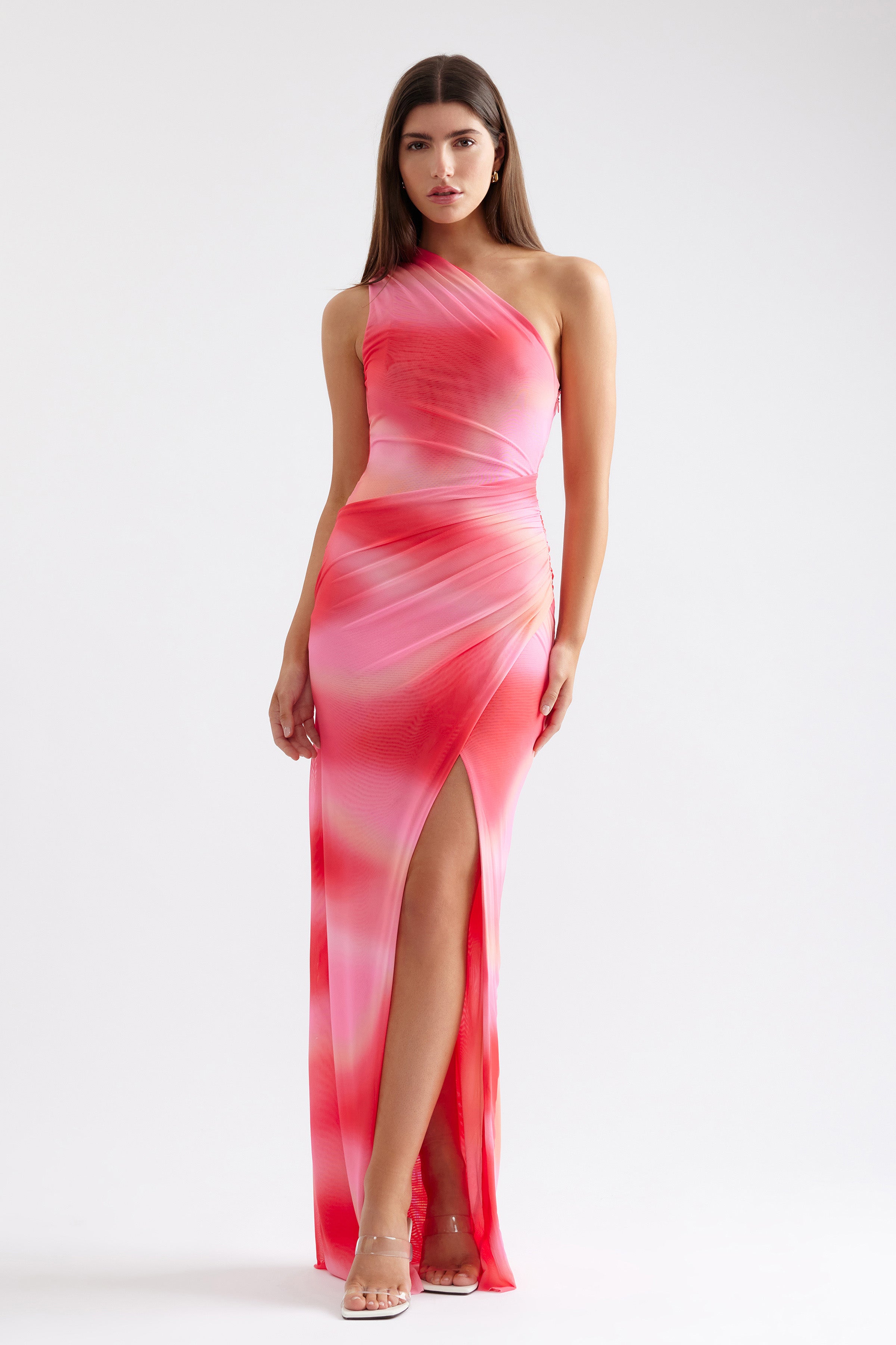 Viola Dress pink marble print one-shoulder gown with side split and draped detailing for cocktail and formal occasions