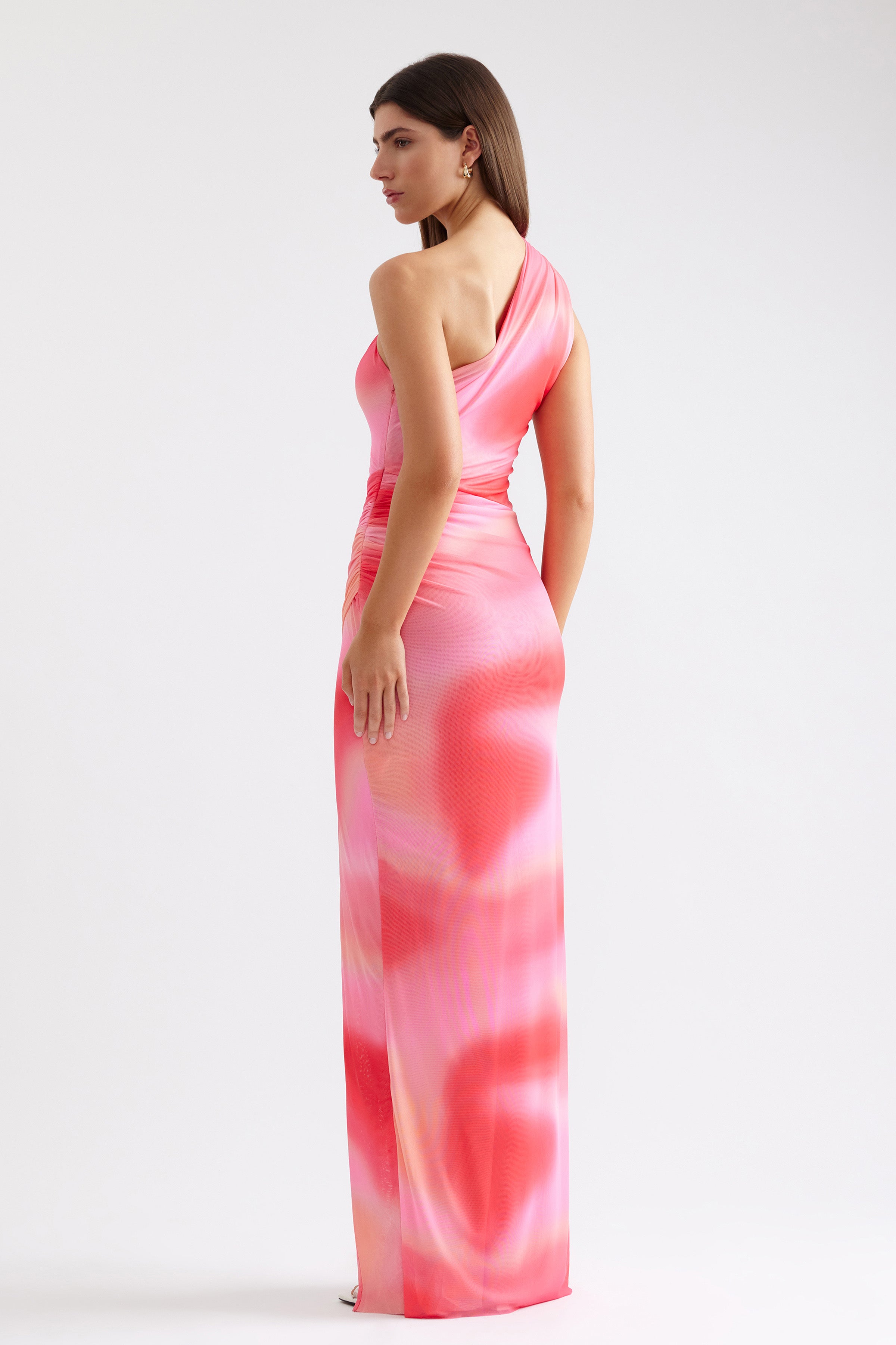 Viola Dress one-shoulder gown with subtle ruching and floor-length silhouette in vibrant pink marble print by Studio Lexi