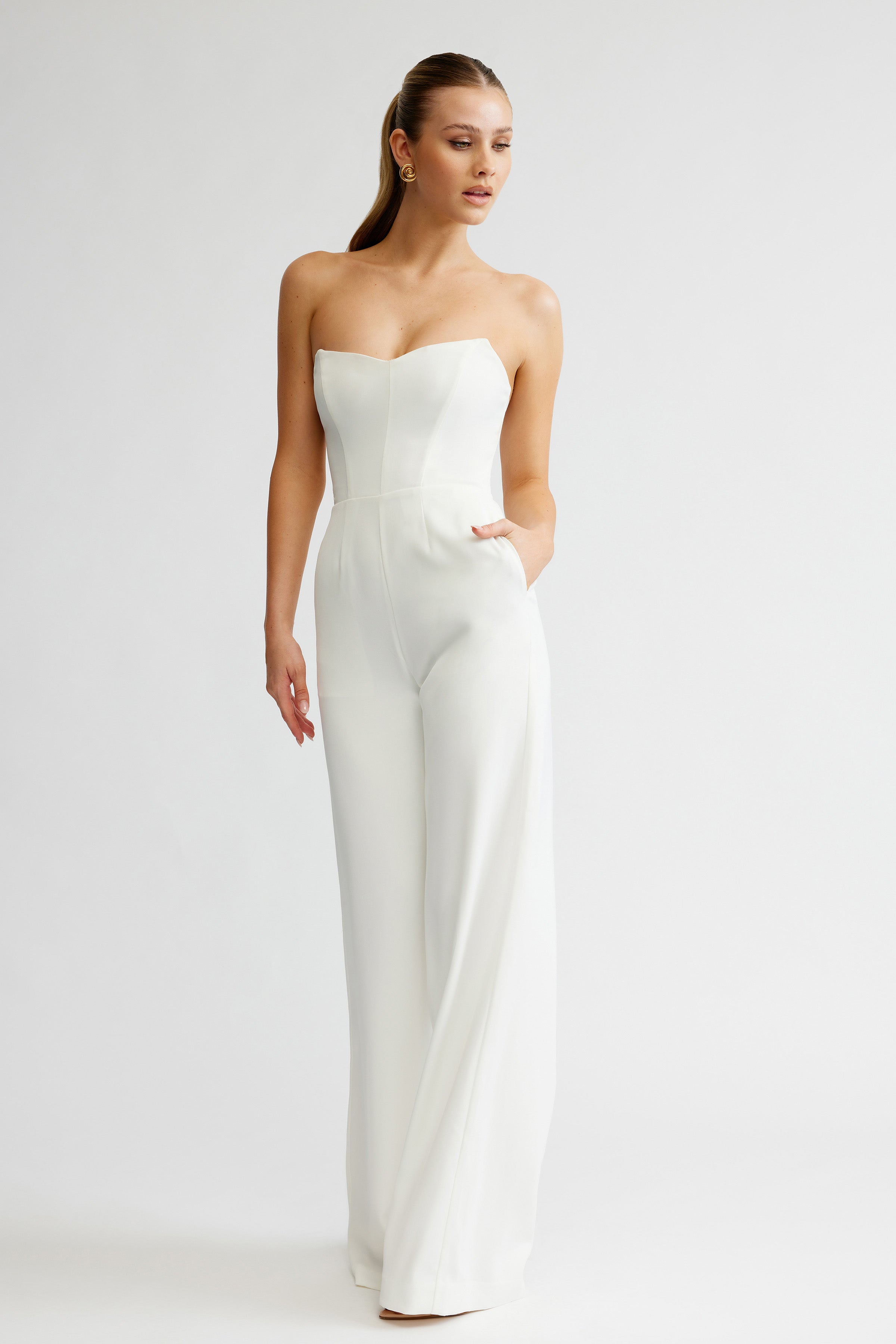 Zale Jumpsuit White Strapless Boned Jumpsuit | Studio Lexi