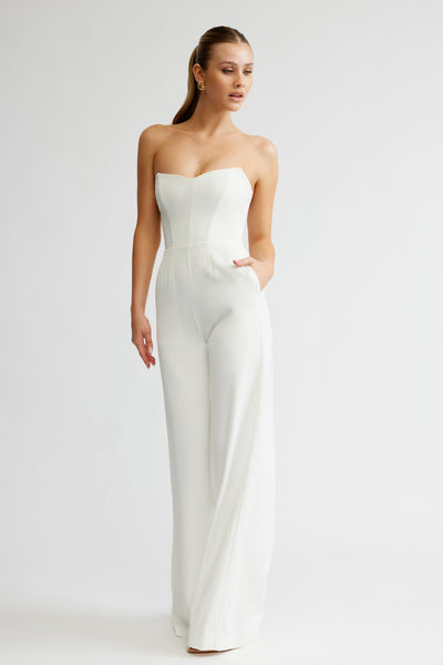 Zale Jumpsuit White Strapless Boned Jumpsuit | Studio Lexi