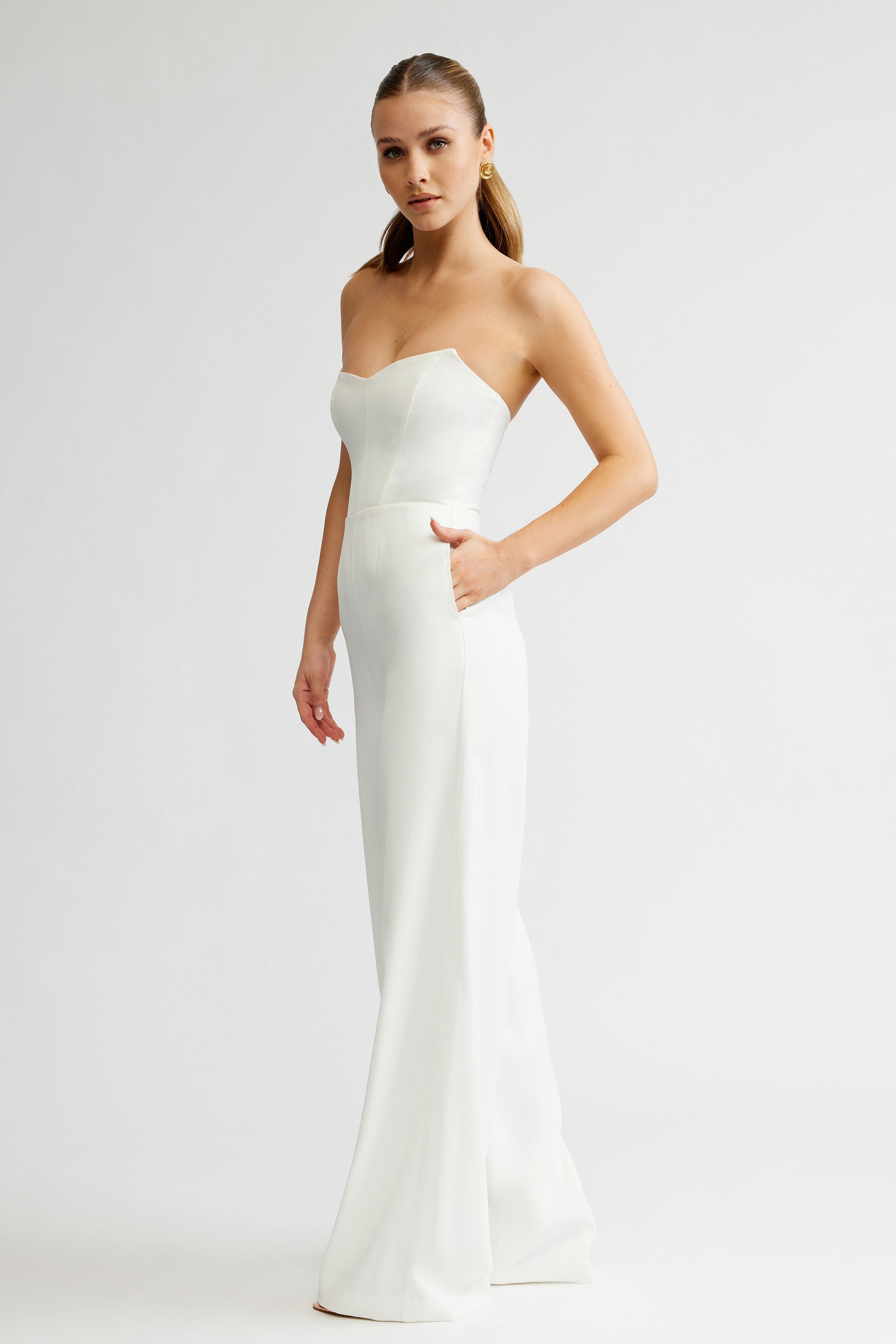 Zale Jumpsuit White Strapless Boned Jumpsuit | Studio Lexi
