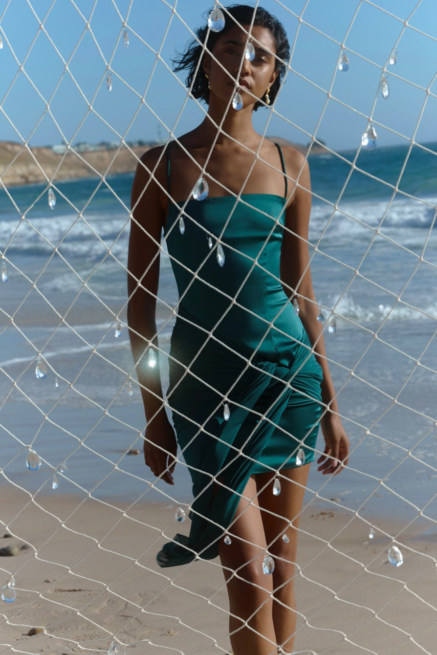 Zaya Dress fitted silhouette with thin straps and ruched detail in deep emerald green by Studio Lexi for cocktail occasions