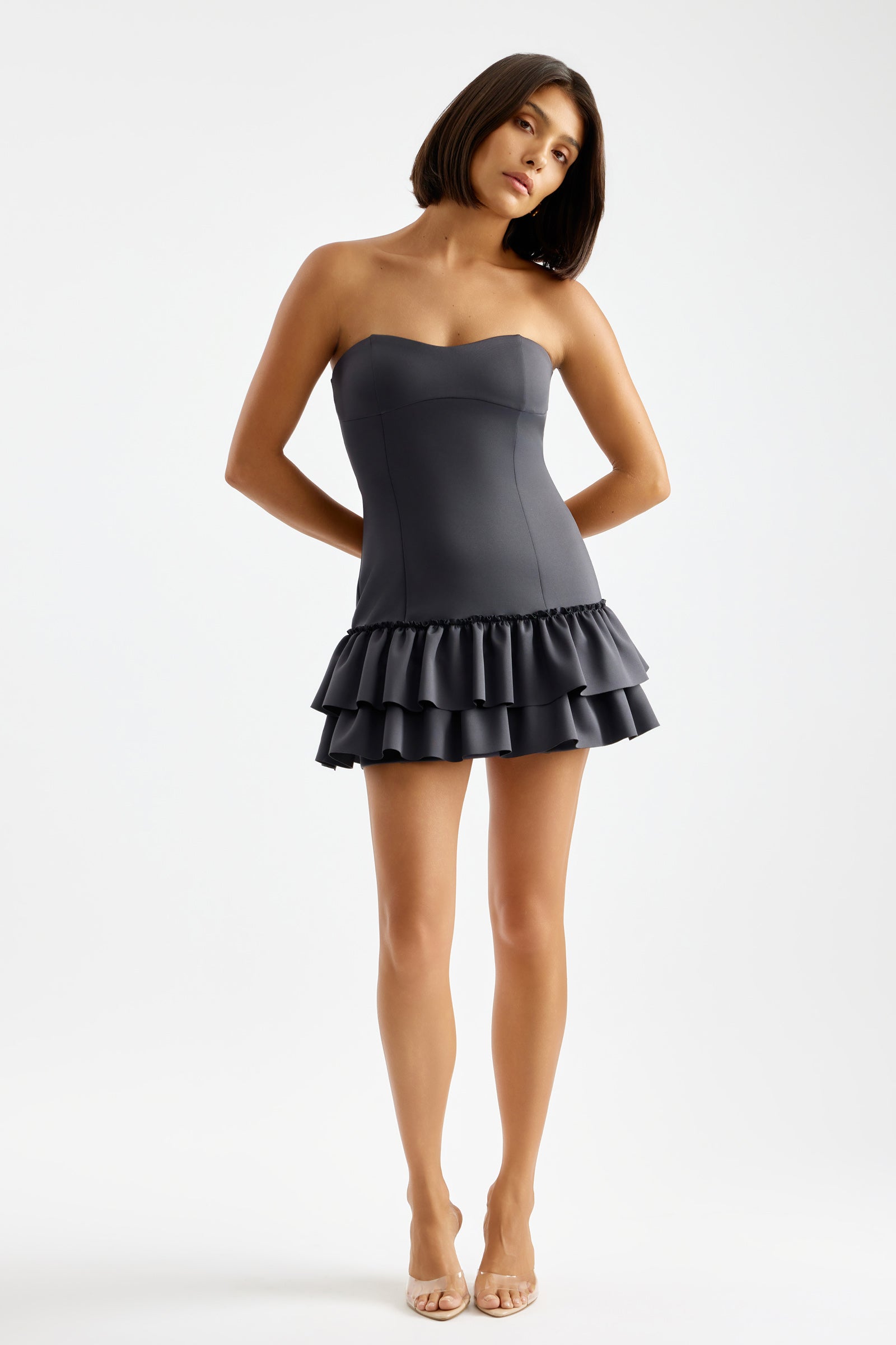 Zion Dress strapless fitted bodice with double layered ruffle mini skirt in charcoal for cocktail and party by Studio Lexi