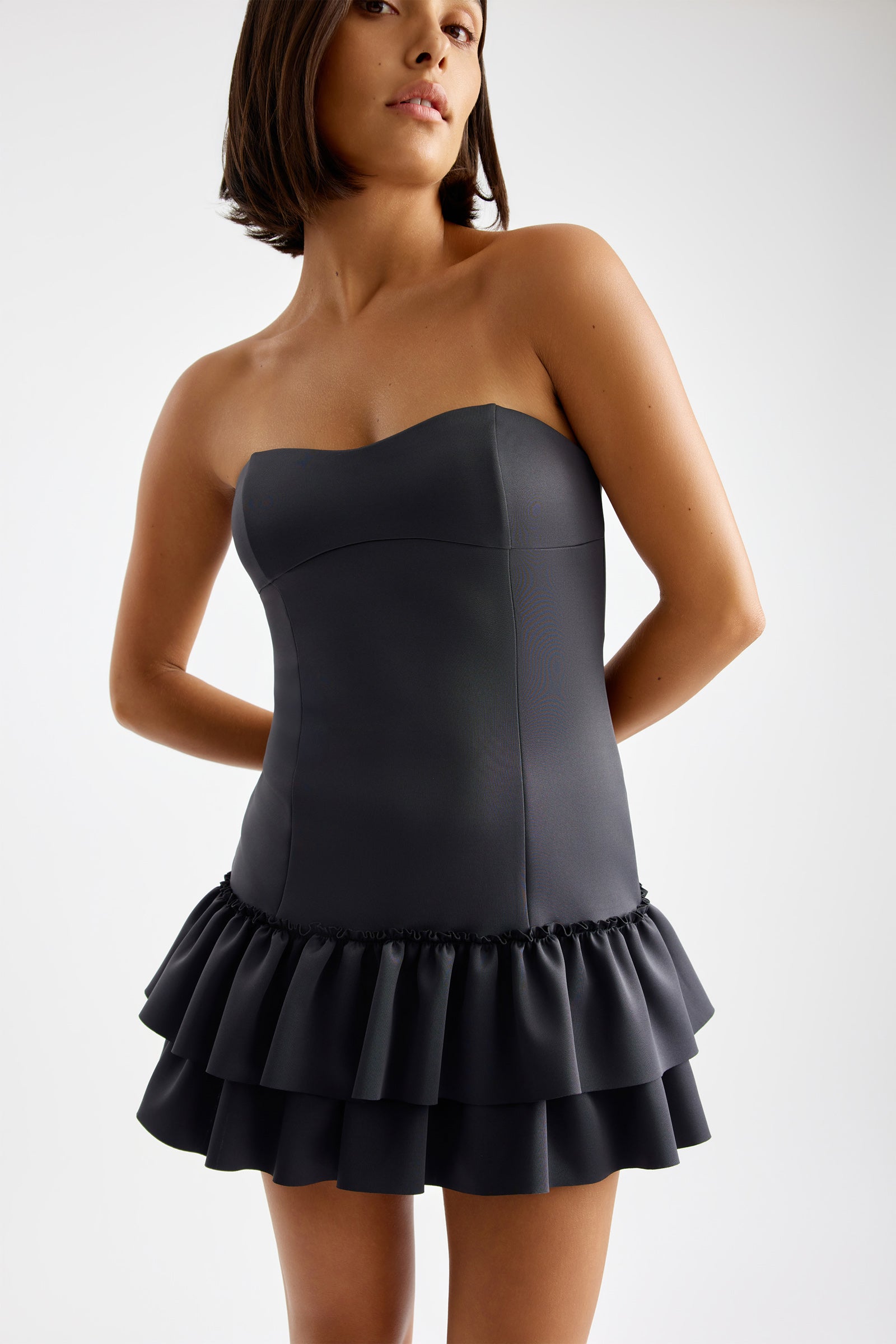 Zion Dress strapless fitted design with layered ruffle skirt in charcoal for cocktail and party by Studio Lexi