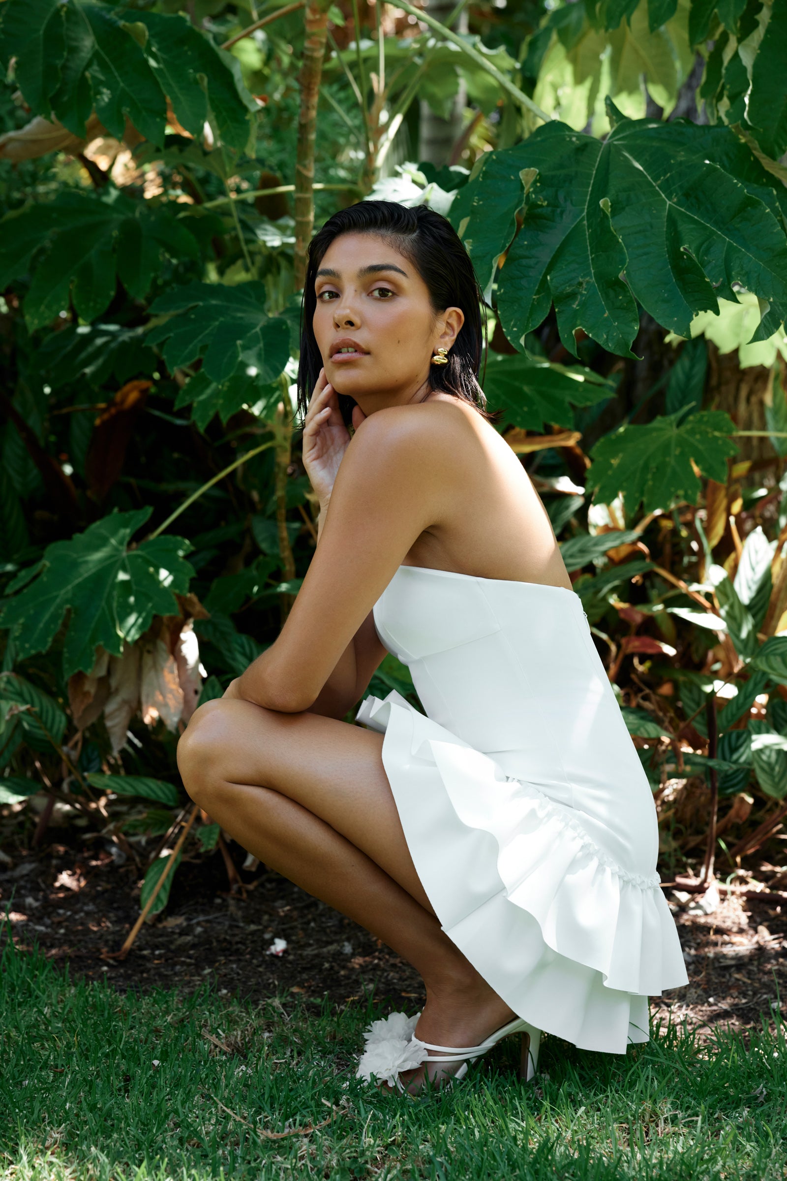 Zion Dress strapless fitted design with ruffled hem in ivory for cocktail and party occasions by Studio Lexi