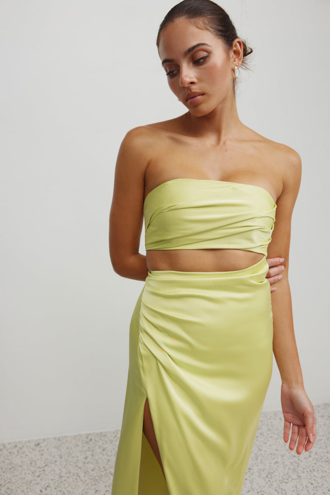 Apollo Dress mojito green strapless design with cut-out waist and side split in heavy satin for formal and wedding guest wear