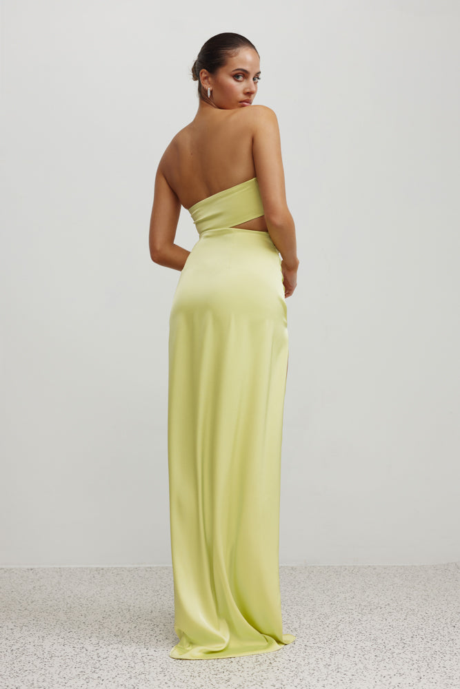 Apollo Dress with strapless backless design and cut-out waist in mojito green satin for formal and wedding guest wear