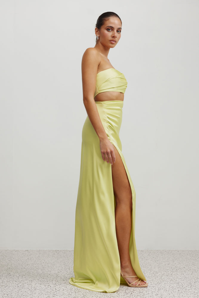 Apollo Dress in mojito green with strapless top, high split, small train, and bra friendly design for formal occasions
