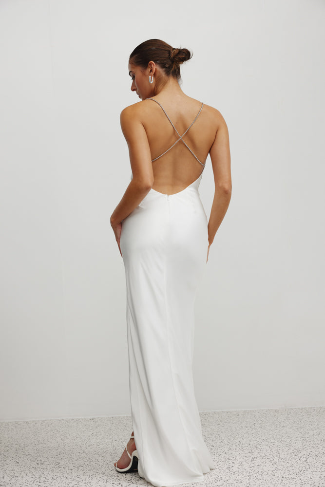Ariel Dress featuring white satin fabric with an open back and delicate crisscross straps for formal occasions