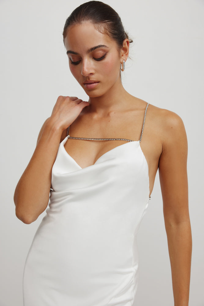 Ariel Dress featuring white satin fabric with rhinestone straps and elegant draped neckline for formal occasions