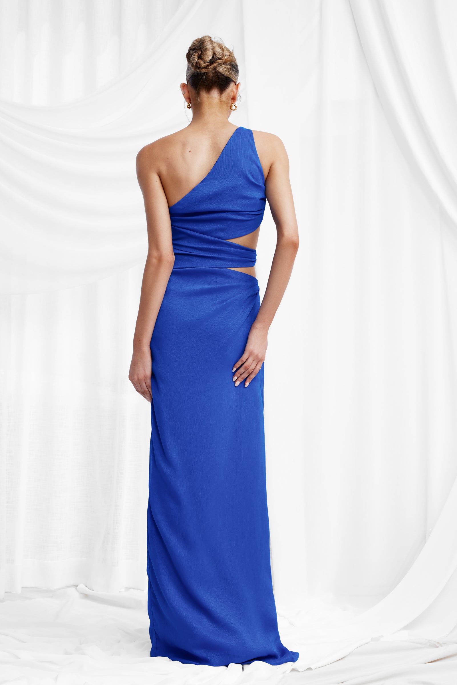 cobalt blue one shoulder dress Lais One Shoulder Cut Out Bodycon Mini Dress Shop American Threads Women's Trendy Online Boutique Blue / L