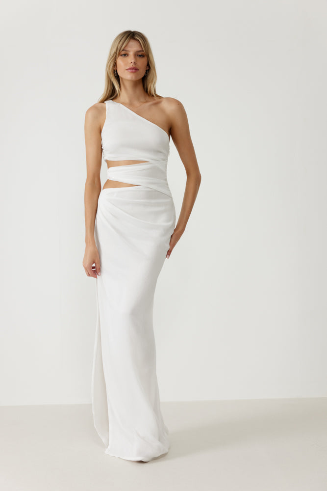 white dress floor length Long White A-Line Satin Formal Dress
