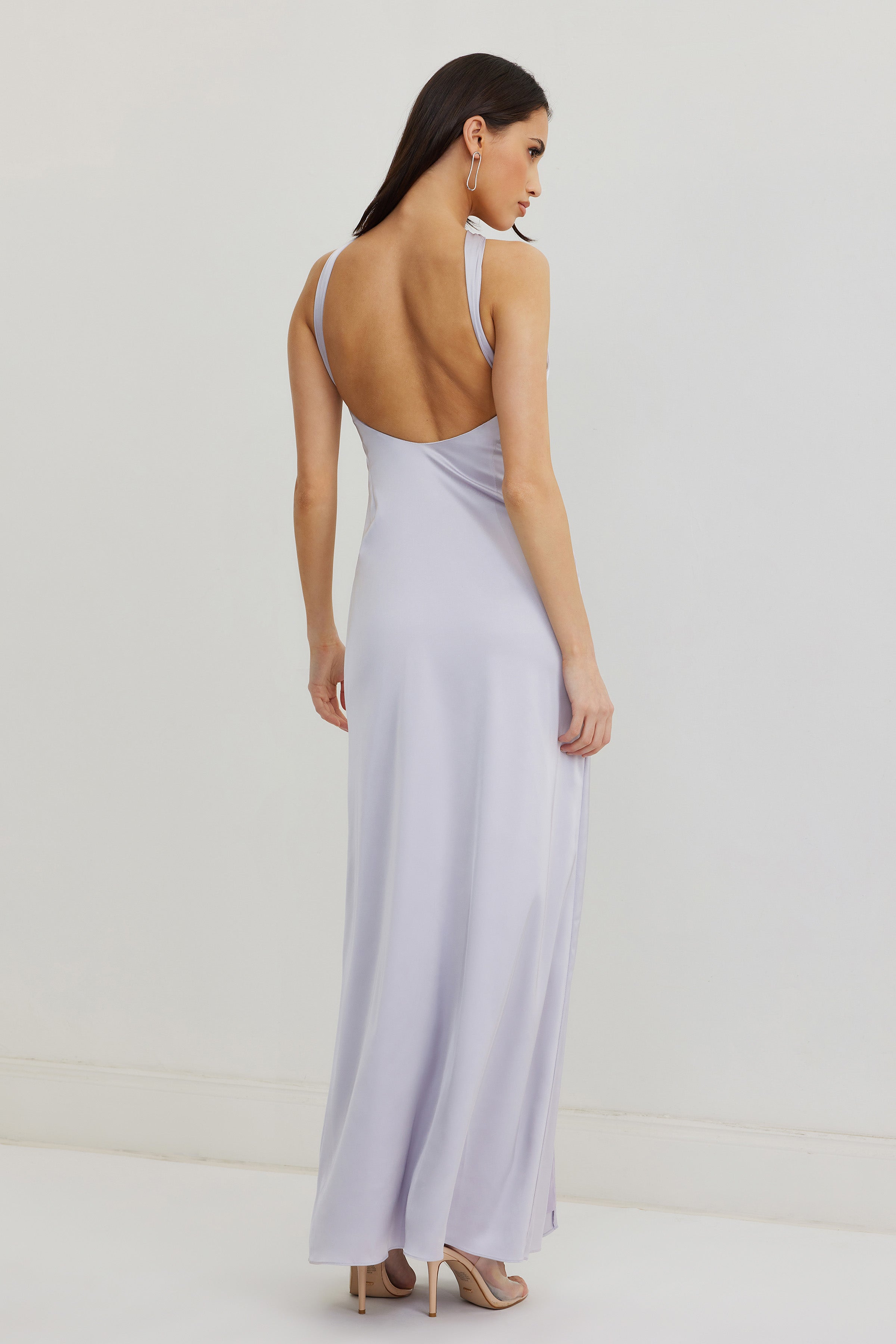 Blaze Dress featuring a backless design and luxe stretch satin in soft ice blue for elegant formal occasions