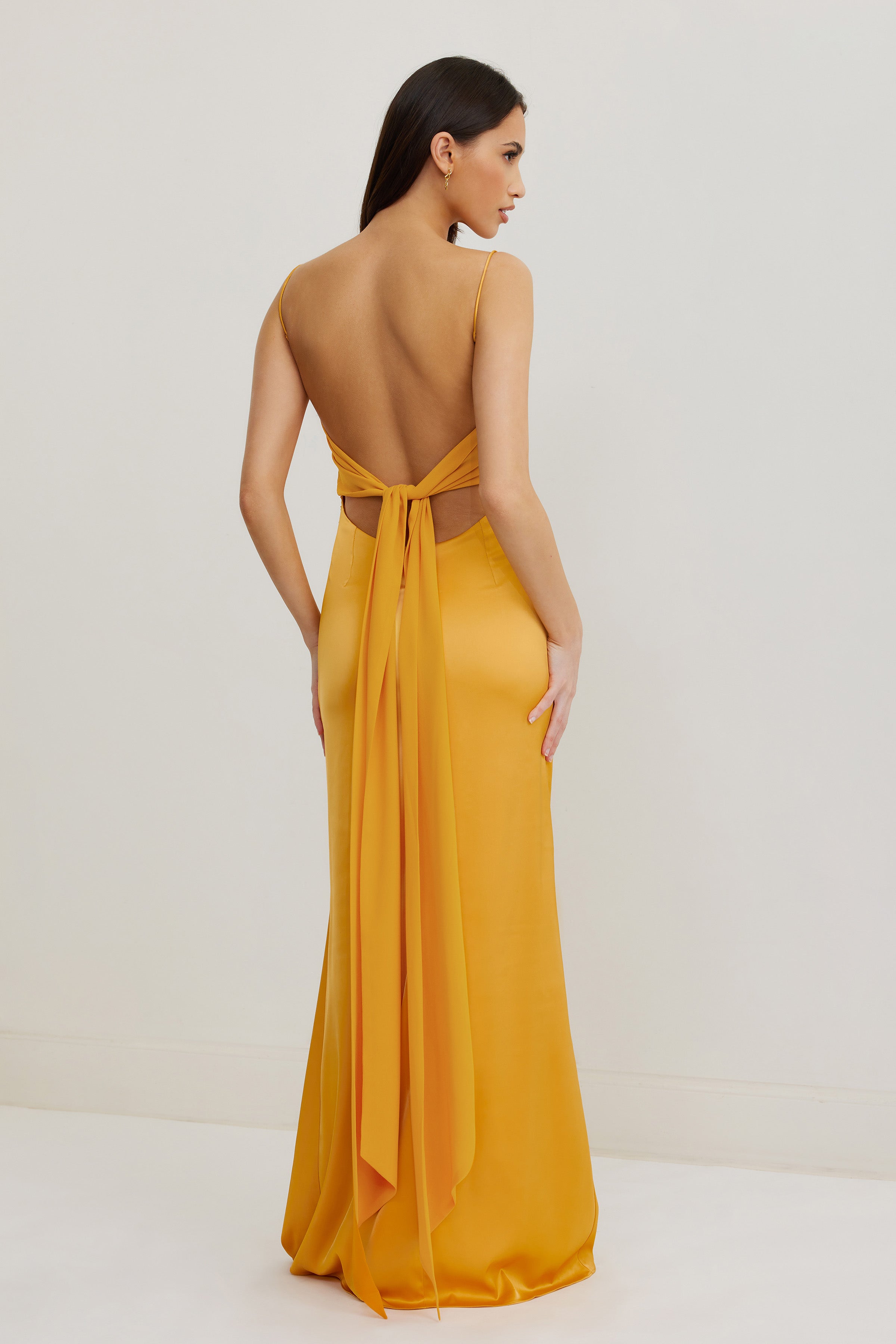 Ivy Dress featuring a backless design with flowing tie detail in honey for elegant formal and wedding guest wear