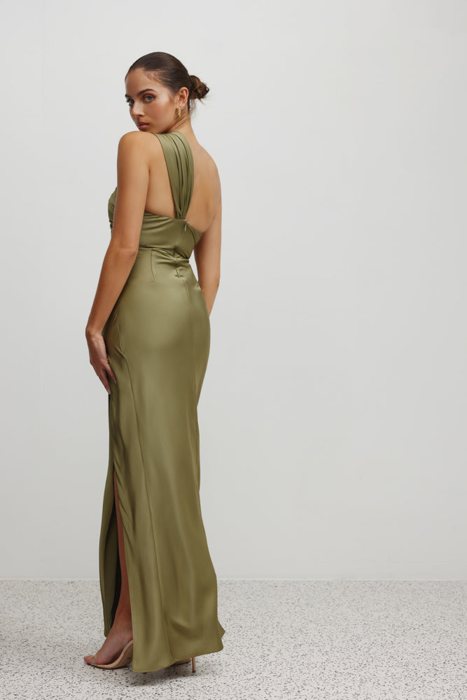 Josefina Dress featuring moss green satin fabric with a low back and high side split for formal and cocktail occasions