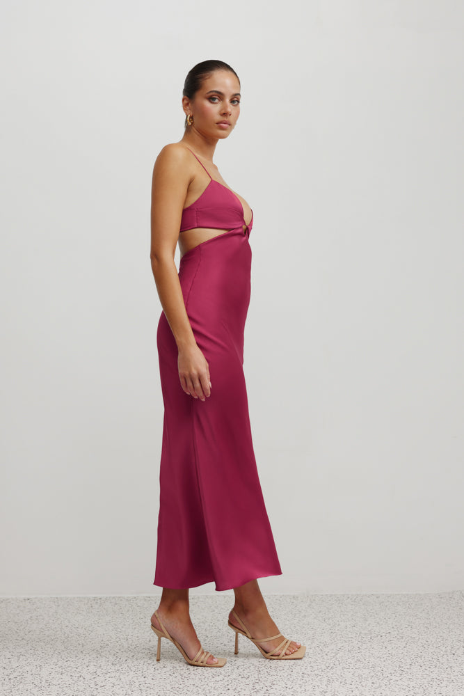 Karma Dress with cut-out sides and delicate straps in crimson satin backless design for cocktail and formal occasions