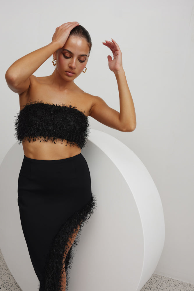 Margarita Set featuring a strapless textured feather bandeau and high side split skirt in black for formal events