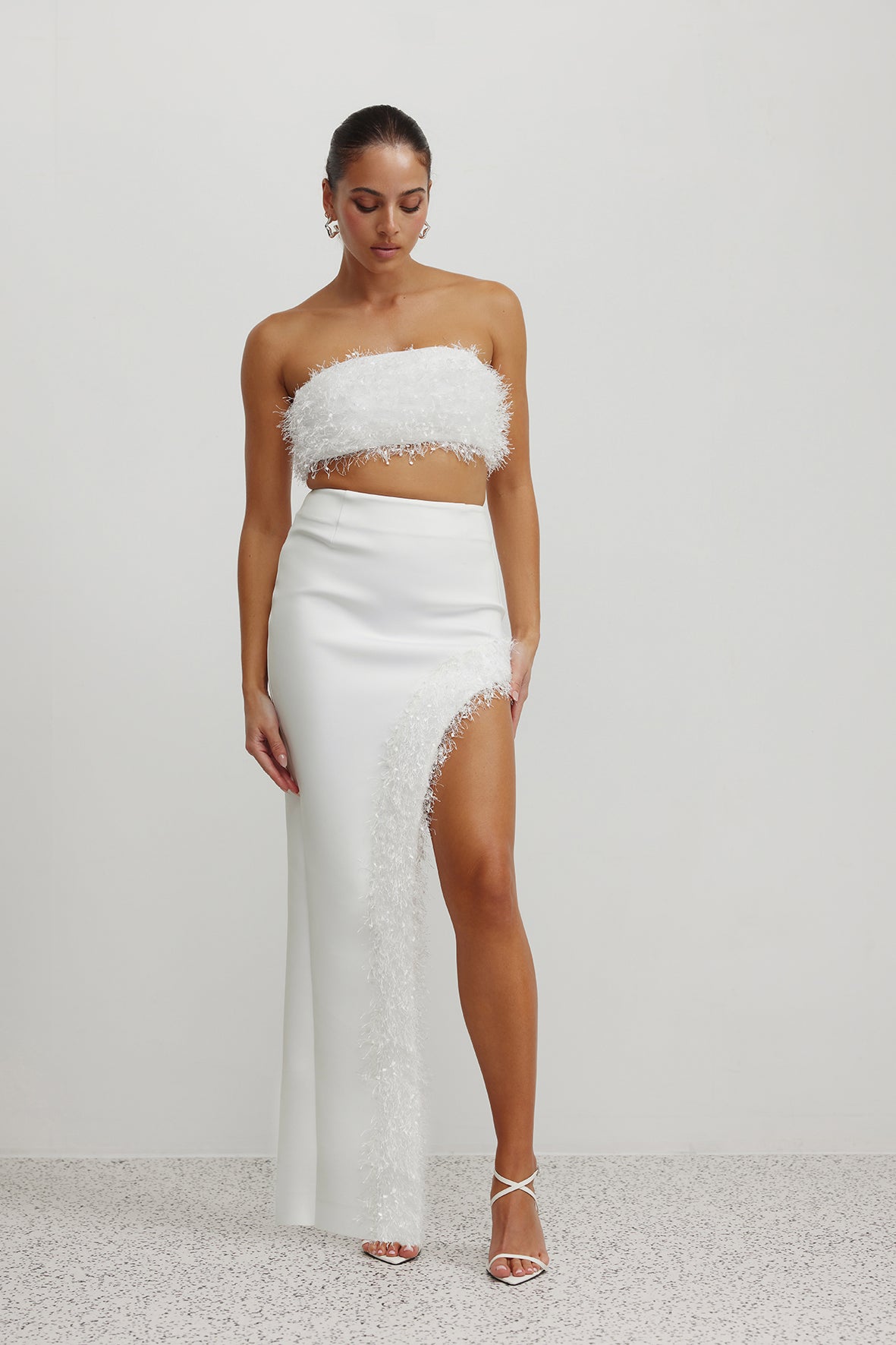 Margarita Set featuring strapless bra-friendly top and high-split skirt with textured trim in white for formal occasions