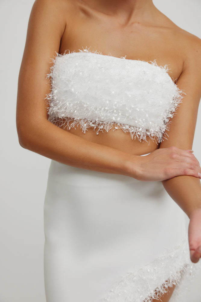 Margarita Set featuring strapless fluffy textured top and matching high split skirt in white for cocktail occasions