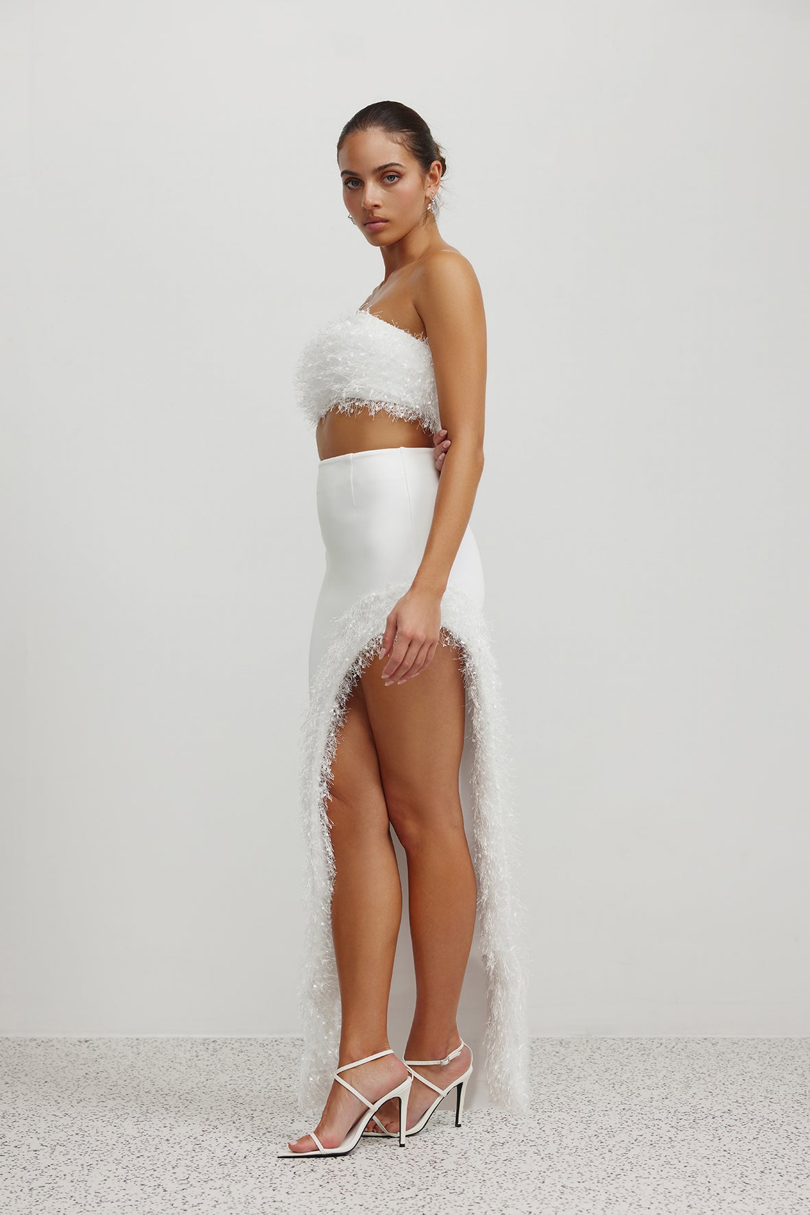 Margarita Set featuring strapless top and high-slit skirt with textured trim in white for formal and party occasions