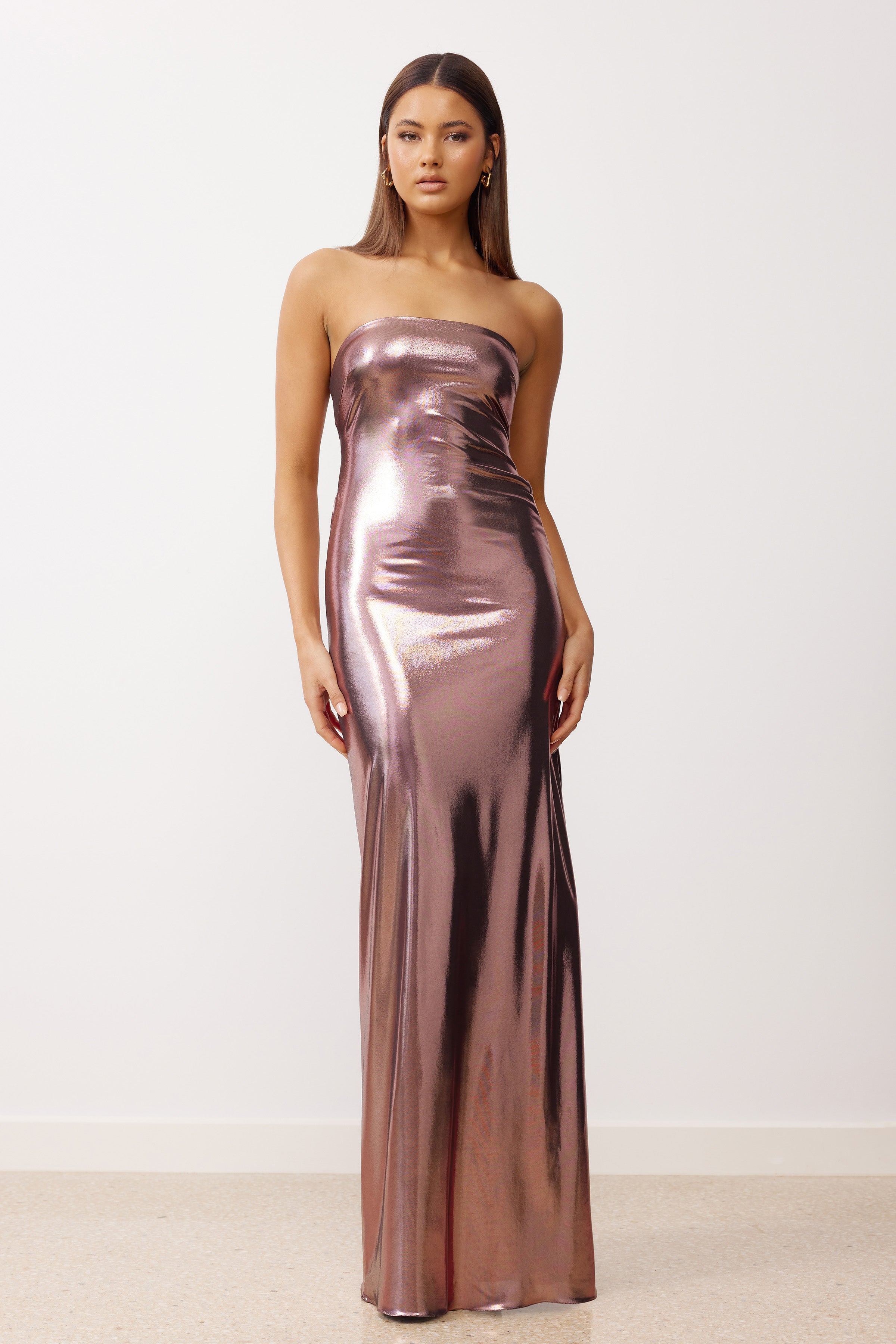Osiris Dress featuring a sleek strapless silhouette in metallic copper liquid jersey for formal and party occasions