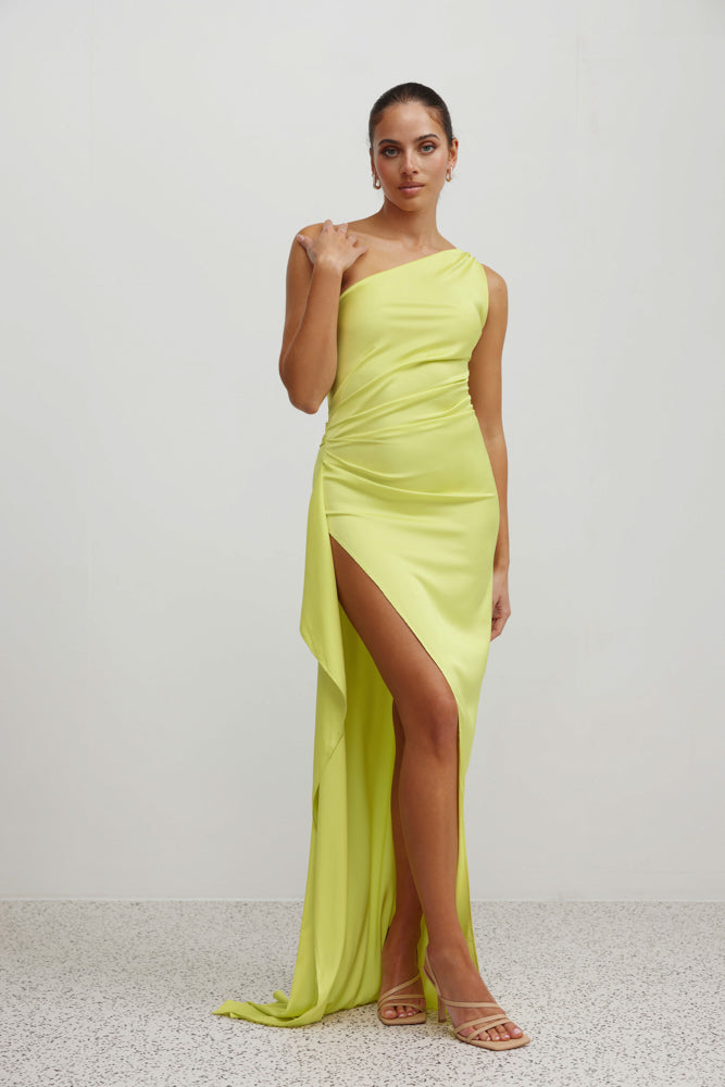 Samira Dress featuring a backless design, small train, and thigh-high side split in mojito for formal and wedding occasions