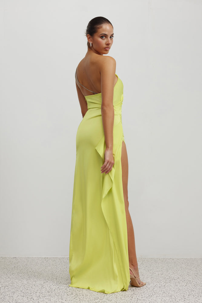 Samira Dress featuring a backless design, small train, and side split in mojito for elegant formal and cocktail occasions