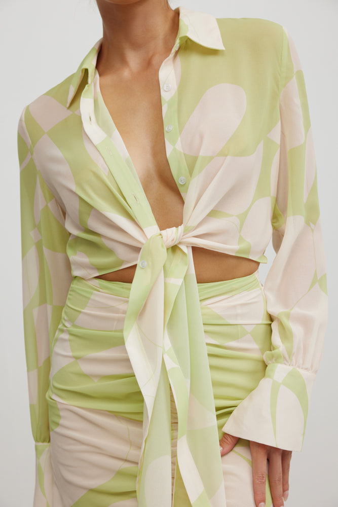 Zelia Dress - Abstract mojito print with long sleeves, front tie, fitted skirt for cocktail and wedding guest wear